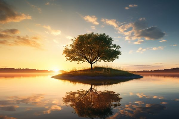 A tree in the middle of a lake at sunset A tree in the middle of a lake at sunset